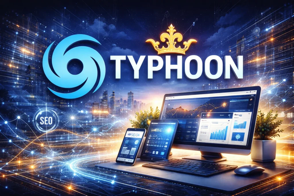 Typhoon Logo mit moderner Digital-Marketing-Visualisierung, SEO-Datenanalyse und vernetzter Technologie auf mehreren Geräten