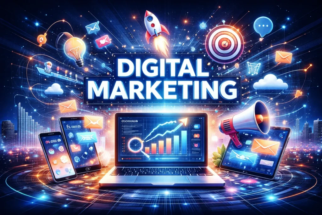 Digital Marketing Visualisierung mit Laptop, Datenanalyse, Social Media Icons und moderner Technologie für Online Wachstum