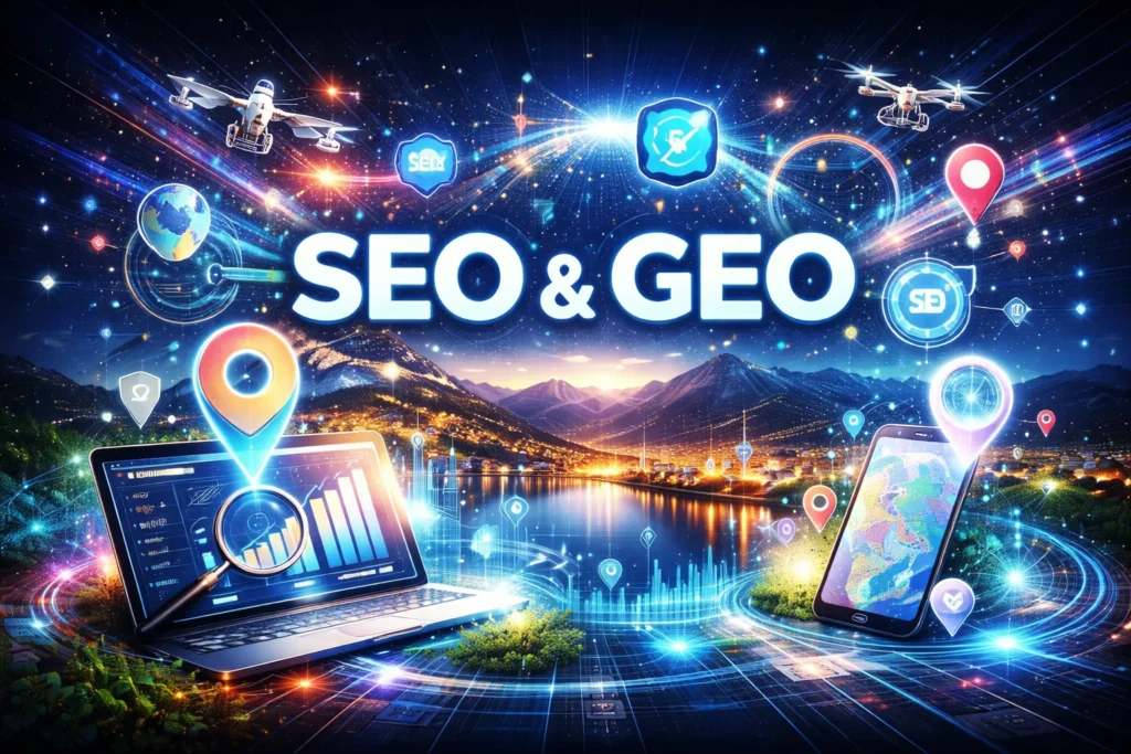 SEO und GEO Visualisierung mit moderner AI-Technologie, Datenanalyse, Standortdaten und digitalem Wachstum für Unternehmen