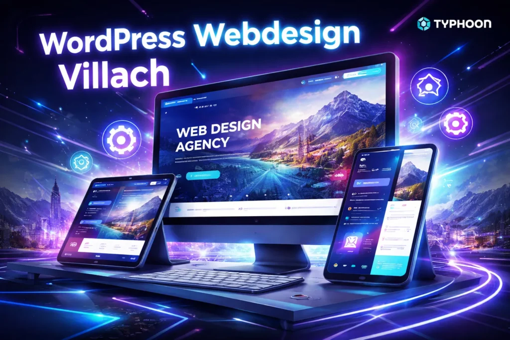 Modernes WordPress Webdesign Villach auf Desktop, Tablet und Smartphone mit futuristischem Interface und digitaler Technologie