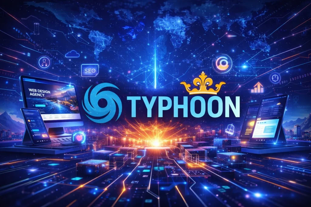 Futuristische Visualisierung von Typhoon Webdesign mit Logo, digitalen Netzwerken und modernen Geräten für WordPress Webdesign Villach