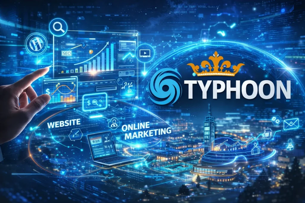 Futuristische Darstellung von SEO, Website und Online Marketing mit Typhoon Webagentur Logo in Kärnten