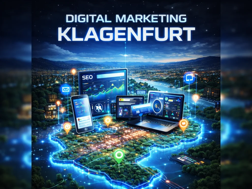 Digital Marketing Klagenfurt mit SEO-Analyse, Daten-Dashboard und vernetzter Technologie über der Stadt Klagenfurt