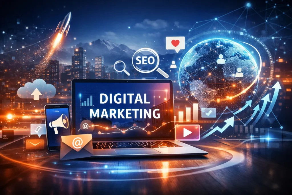 Digitales Marketing Konzept mit Laptop, SEO-Analyse, Social Media Icons und globaler Vernetzung für Unternehmen in Kärnten
