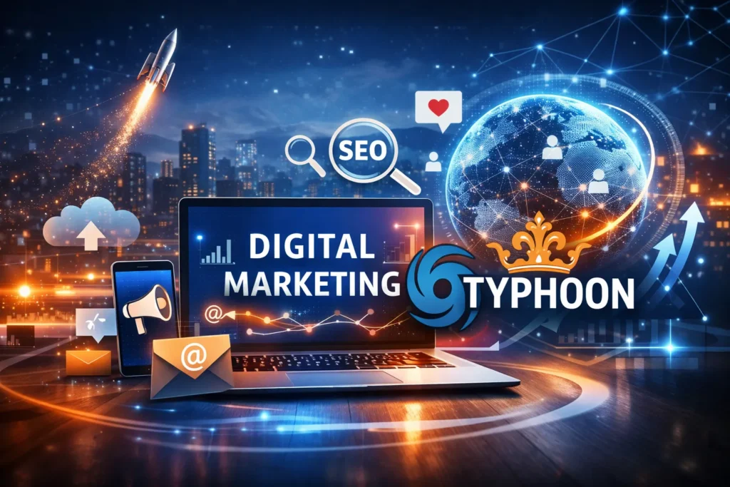 Digital Marketing Visualisierung mit Laptop, SEO-Analyse, globaler Vernetzung und Typhoon Webagentur Logo für Unternehmen in Kärnten