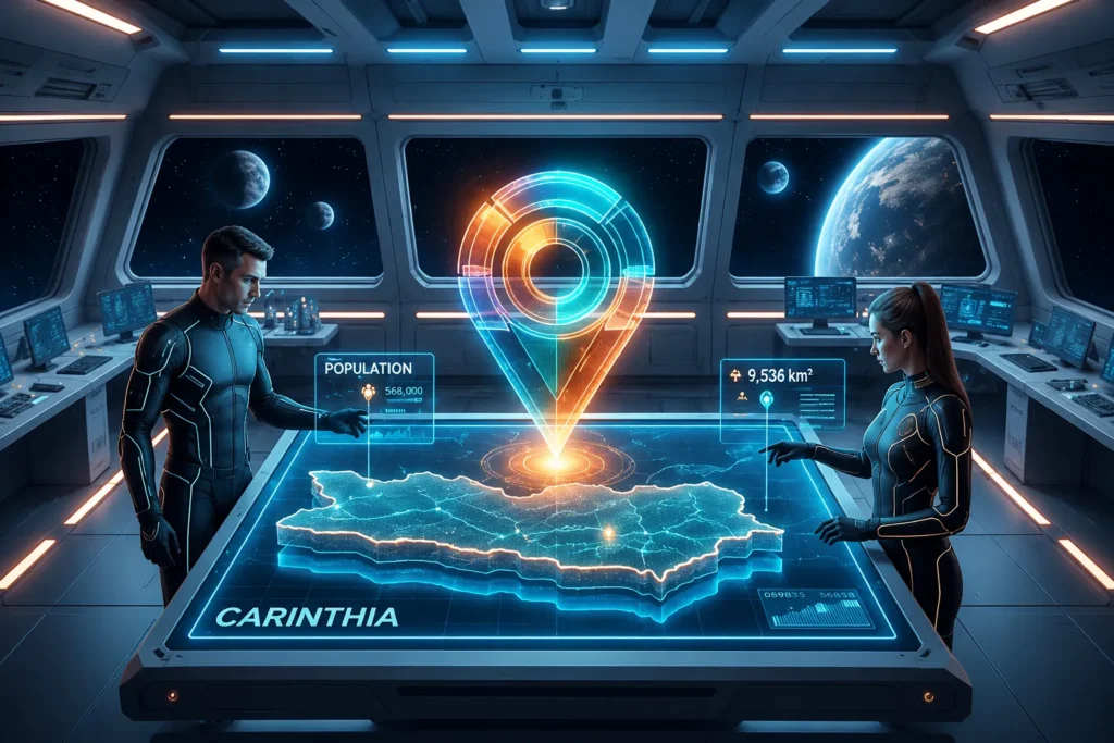 Futuristische Kommandozentrale eines Raumschiffs mit holografischer Karte von Kärnten und zwei Offizieren in einer Hightech-Weltraumumgebung.