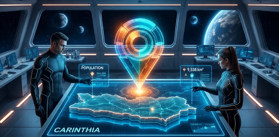 Futuristische Kommandozentrale eines Raumschiffs mit holografischer Karte von Kärnten und zwei Offizieren in einer Hightech-Weltraumumgebung.