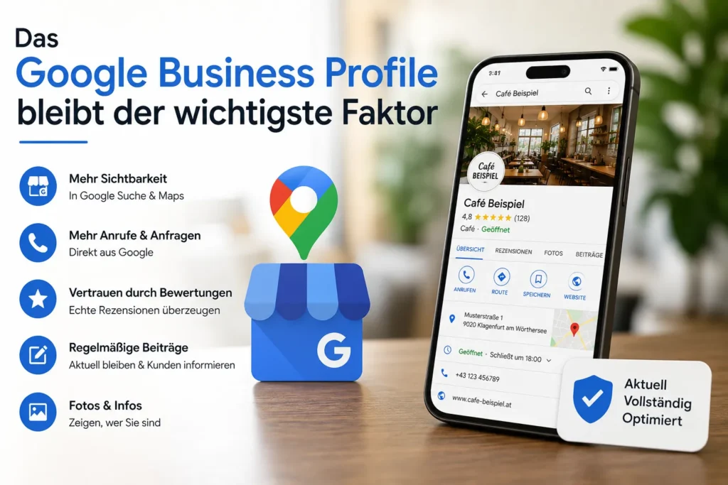 Modernes Google Business Profile mit lokalen SEO-Funktionen für mehr Sichtbarkeit und Kundenanfragen in Kärnten.
