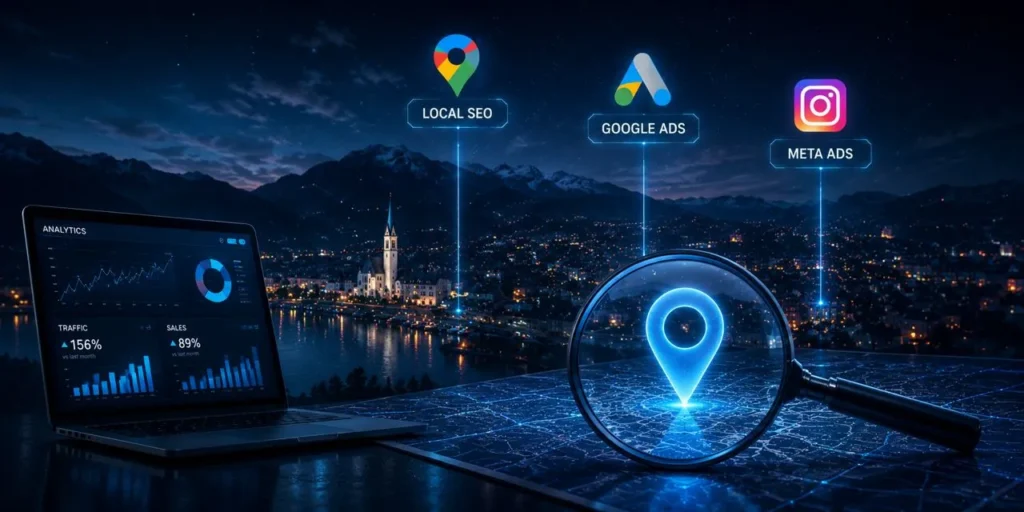 Local SEO, Google Ads und Meta Ads Strategie in Kärnten mit Analyse-Dashboard und digitaler Standortvisualisierung