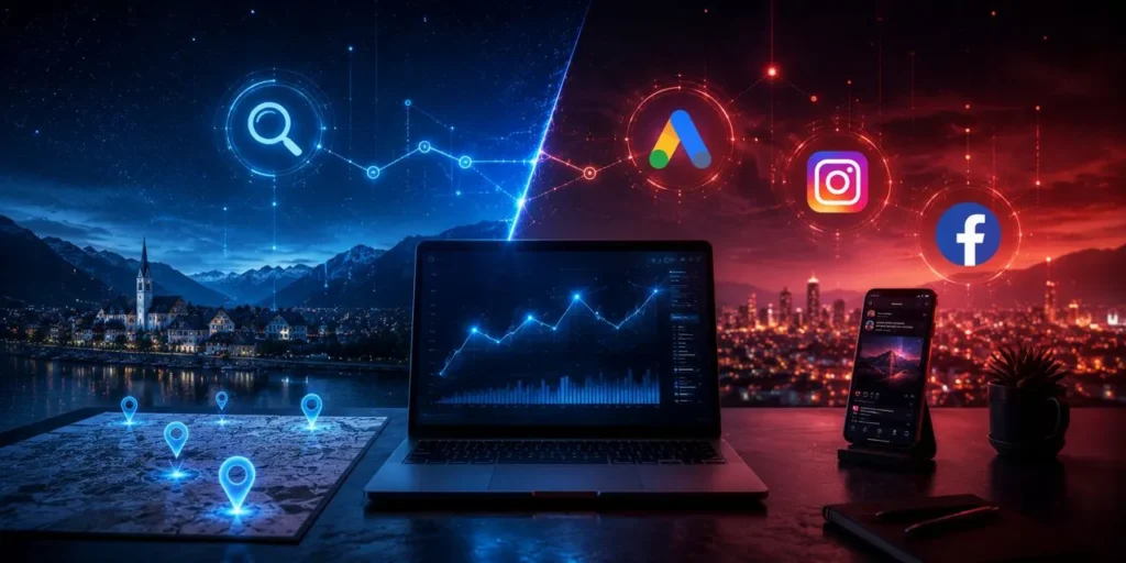 „Futuristische digitale Marketingoberfläche mit Symbolen für Google Ads und Meta Ads Kampagnen“