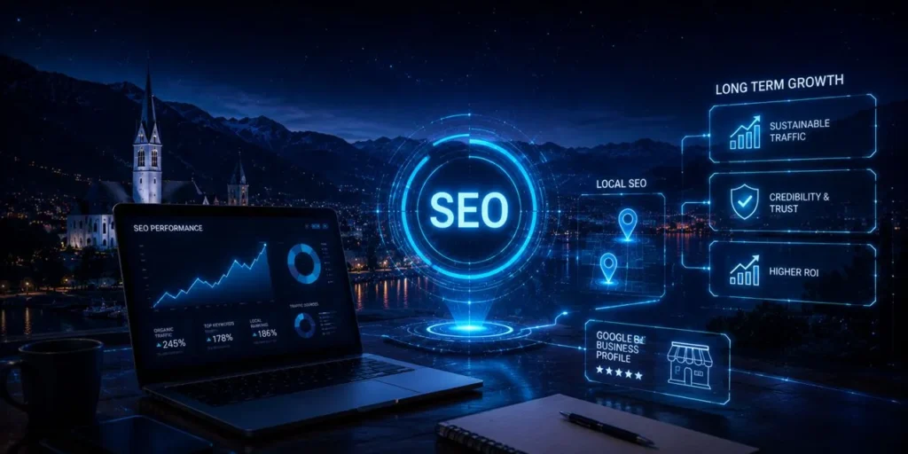 „Futuristisches digitales Interface mit blauen Lichteffekten – moderne Technologie und Webdesign in Kärnten“