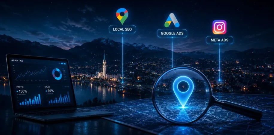 Local SEO, Google Ads und Meta Ads Strategie in Kärnten mit Analyse-Dashboard und digitaler Standortvisualisierung