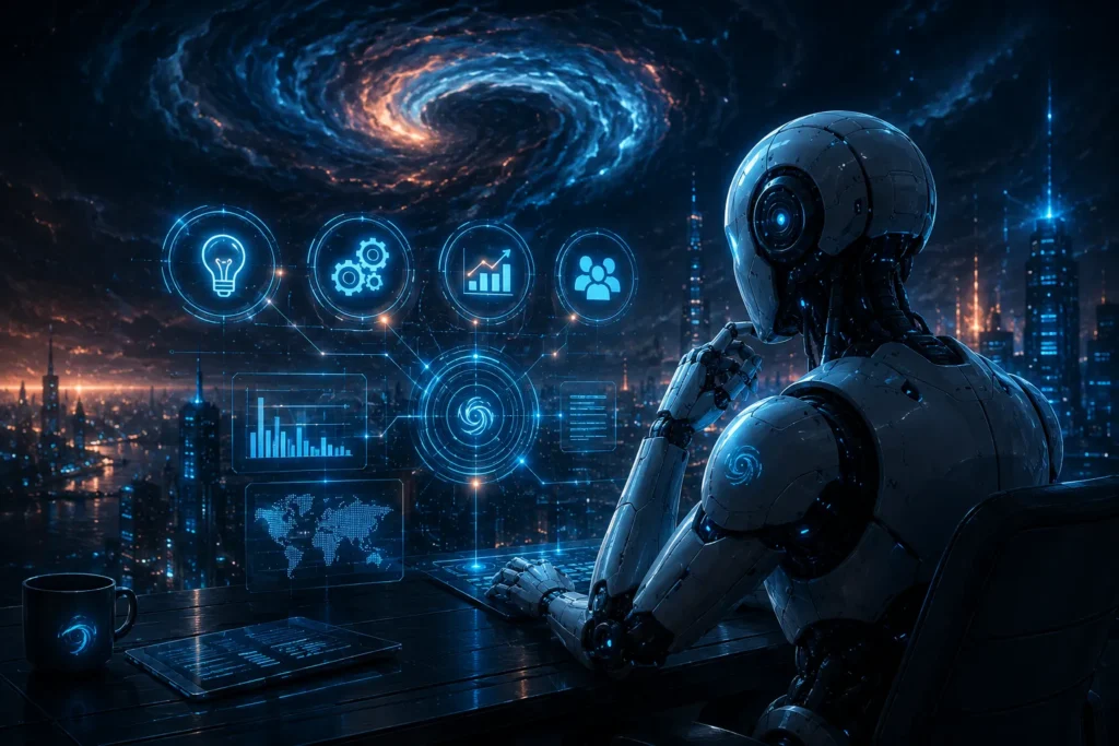 Futuristischer Roboter als Symbol für Expertise, Vertrauen und digitale Markenautorität bei TyphoonWeb