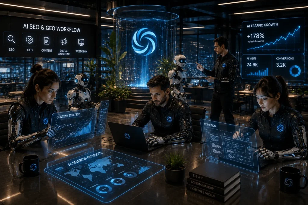 Team entwickelt AI SEO und GEO Strategie mit Webdesign, Content Marketing und AI Search Analytics